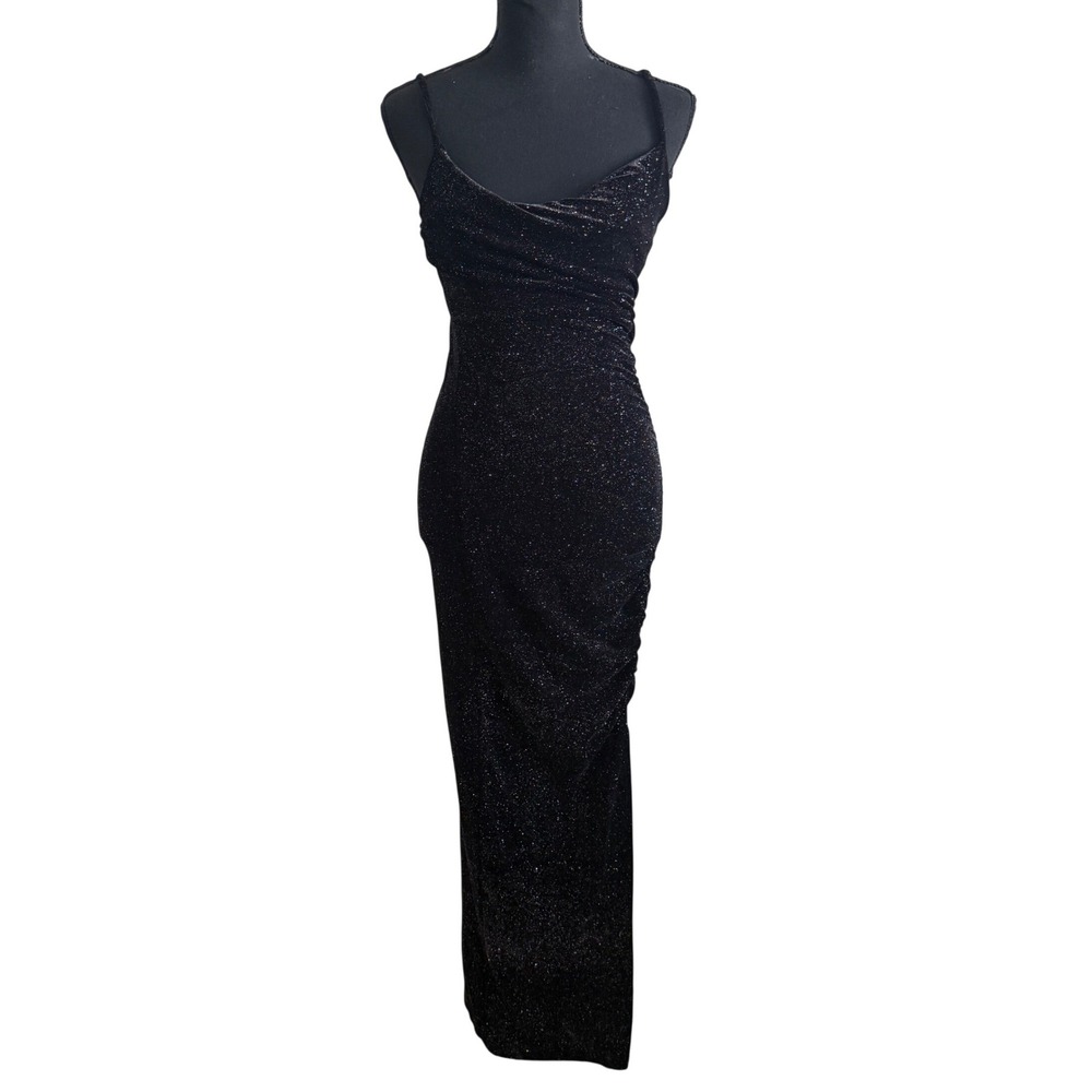 Liz & Sara Womens Black Glitter Cowl Neck Maxi Dress S Formal Gown Prom Gala